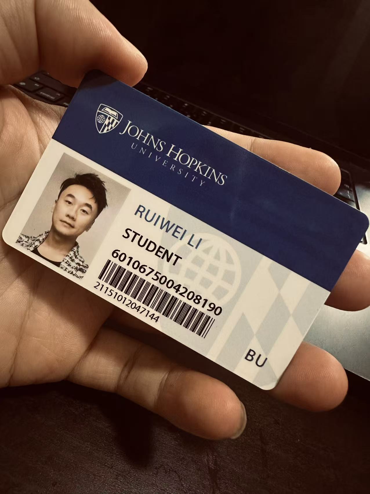 Derek's Johns Hopkins University student ID card
